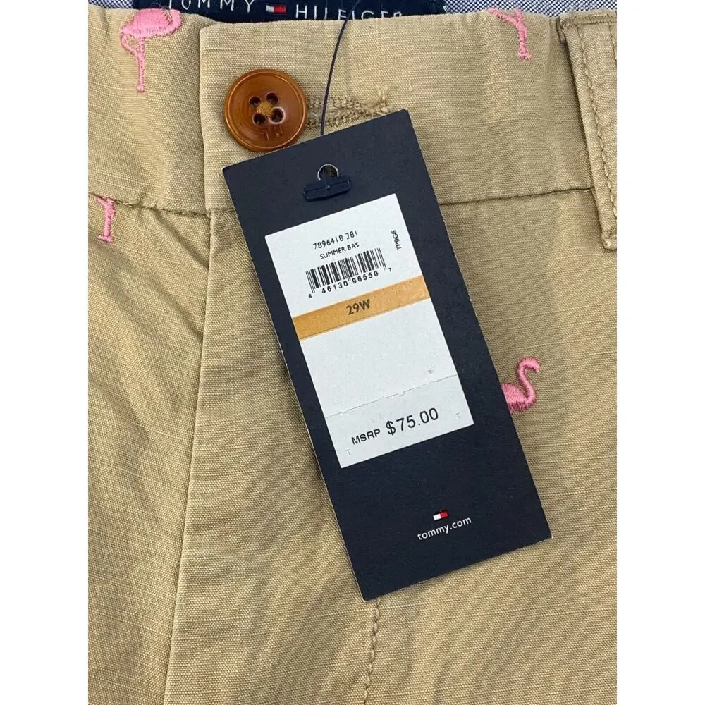 TOMMY HILFIGER Pink Flamingo Embroider Khaki Shorts Men 29 9.5